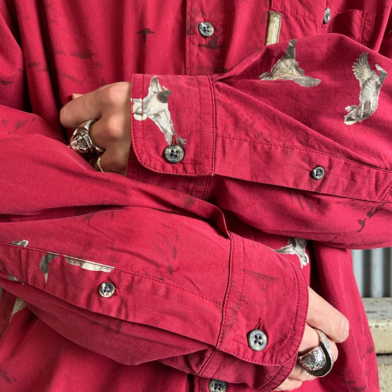 00年代 Columbia コロンビア カモ 総柄 長袖コットンシャツ メンズL