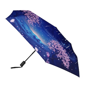 晴雨兼用、夜桜と流星群の景色 折りたたみ傘・日傘
