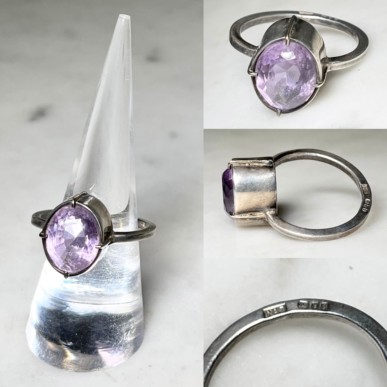 vintage silver ring set with purple rhinestone made in England