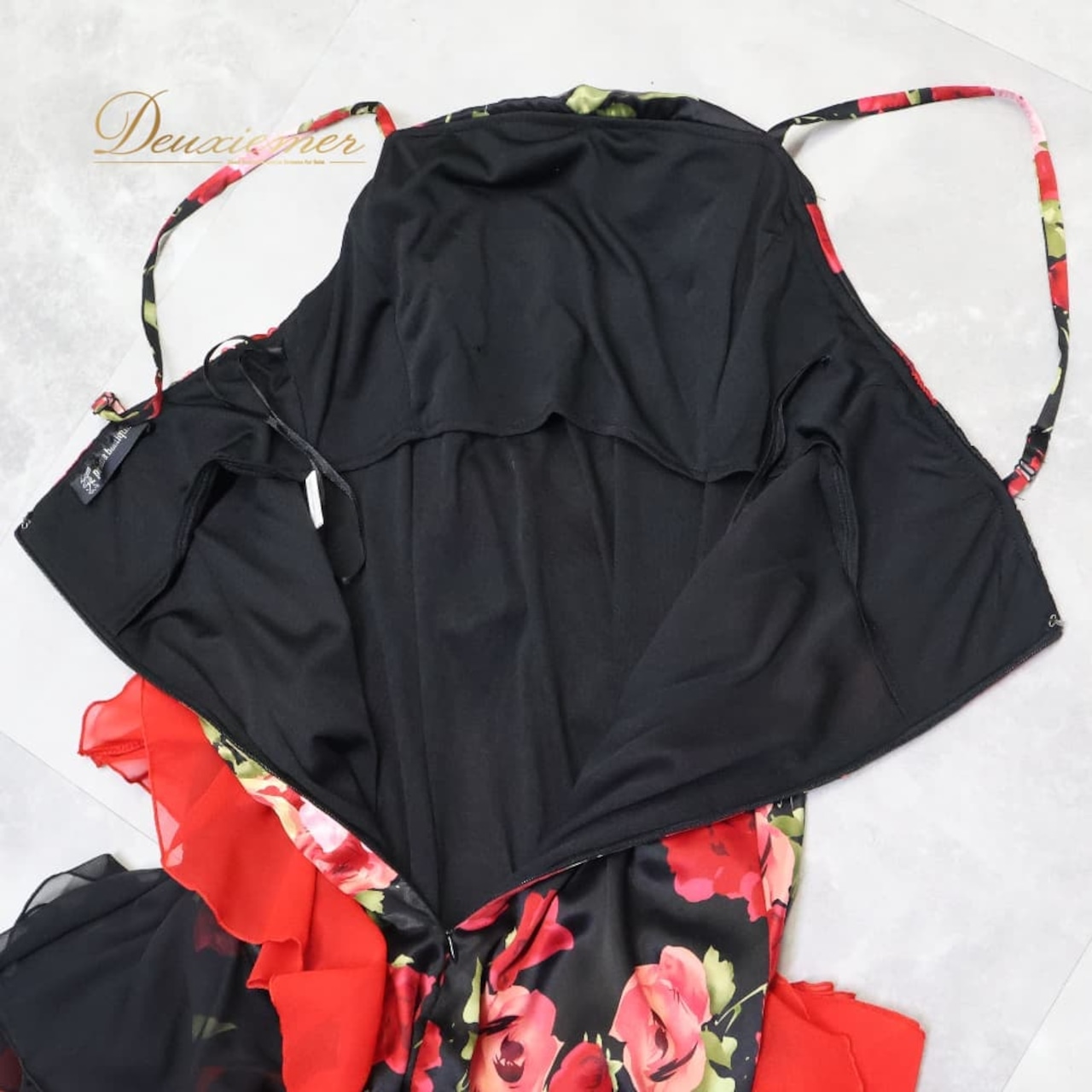 社交ダンス 衣装 prima boutique プリマブティック ドレス ワンピース ラテン レッド系 ブラック系 グリーン系 黒 赤 花形 フリル レース パーティ 発表会 デモ 軽い ダンス衣装 発表会衣装 華やか 上品 エレガント