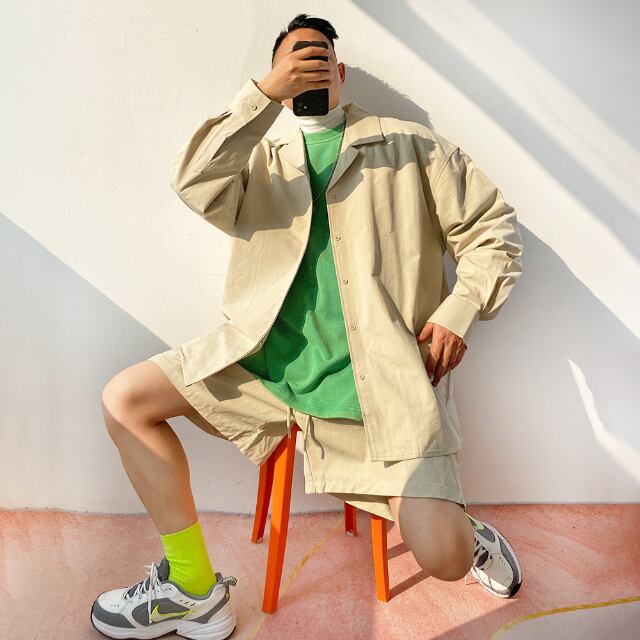 【予約販売】メンズ セットアップ 上下 長袖 シャツ ハーフパンツ 無地 ストリート ブラック/ベージュ/グリーン ブラック 韓国 トレンド カジュアル 春 大きいサイズ M/L/XL