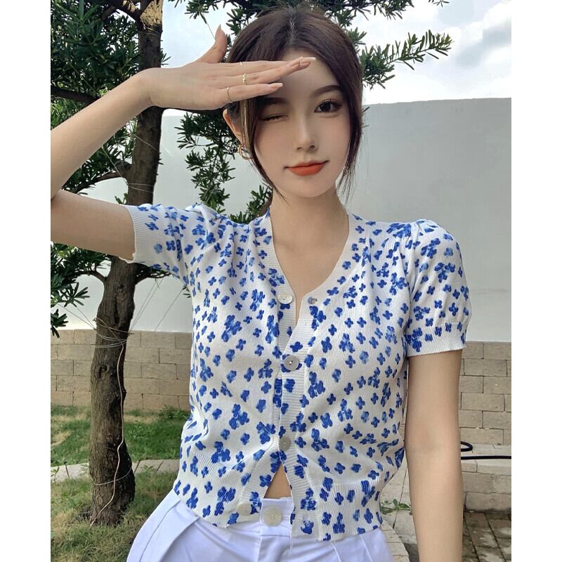 Vネックスタンダードブループリント柄薄手ニットTシャツ レディースサマーショートカジュアルトップス レトロ 大人ガーリー スウィート キュート 夏物 ガールズファッション78657260329