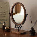 天然木 オーバル 卓上ミラー アイアンスタンド 角度調整 回転式 化粧鏡 バニティミラー 楕円 ウッドフレーム ナチュラル アンティーク調