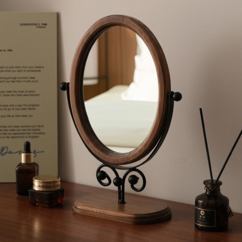 天然木 オーバル 卓上ミラー アイアンスタンド 角度調整 回転式 化粧鏡 バニティミラー 楕円 ウッドフレーム ナチュラル アンティーク調