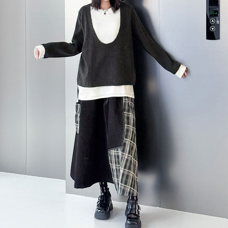 FAKE-2-PIECDE PULLOVER TOP & A-LINE PATCHED SKIRT 2colors M-15513