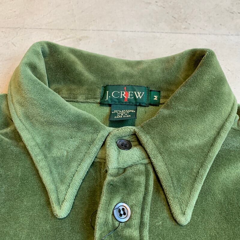 90's OLD J.CREW ジェイクルー 長袖ベロアポロシャツ オリーブ 旧タグ 