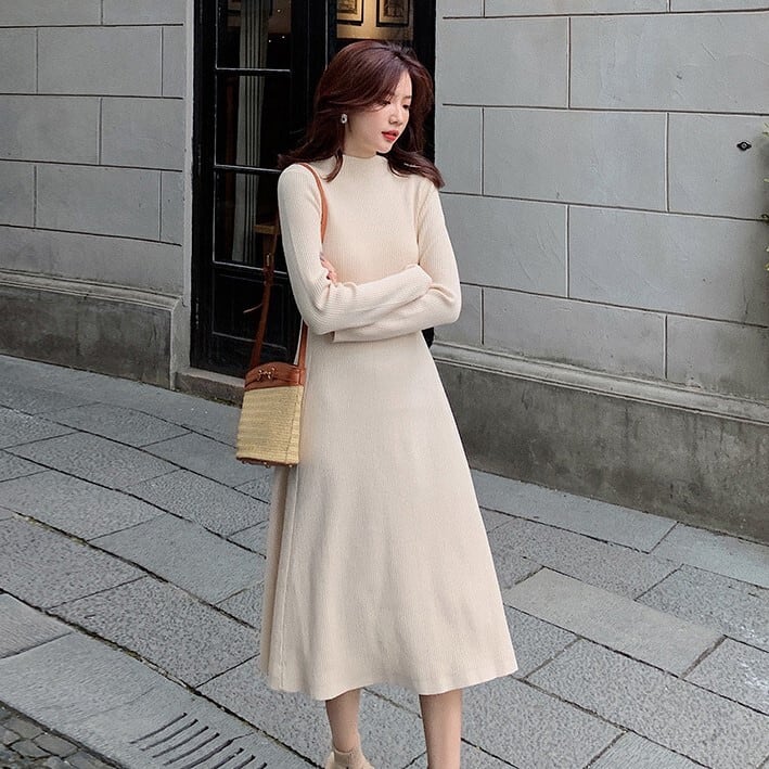 ストレッチ ニットワンピース ワンピース ひざ丈 膝下丈 ミディアム丈