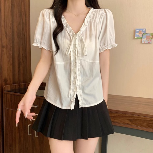 3色／フリルVネックパフブラウス ・75931