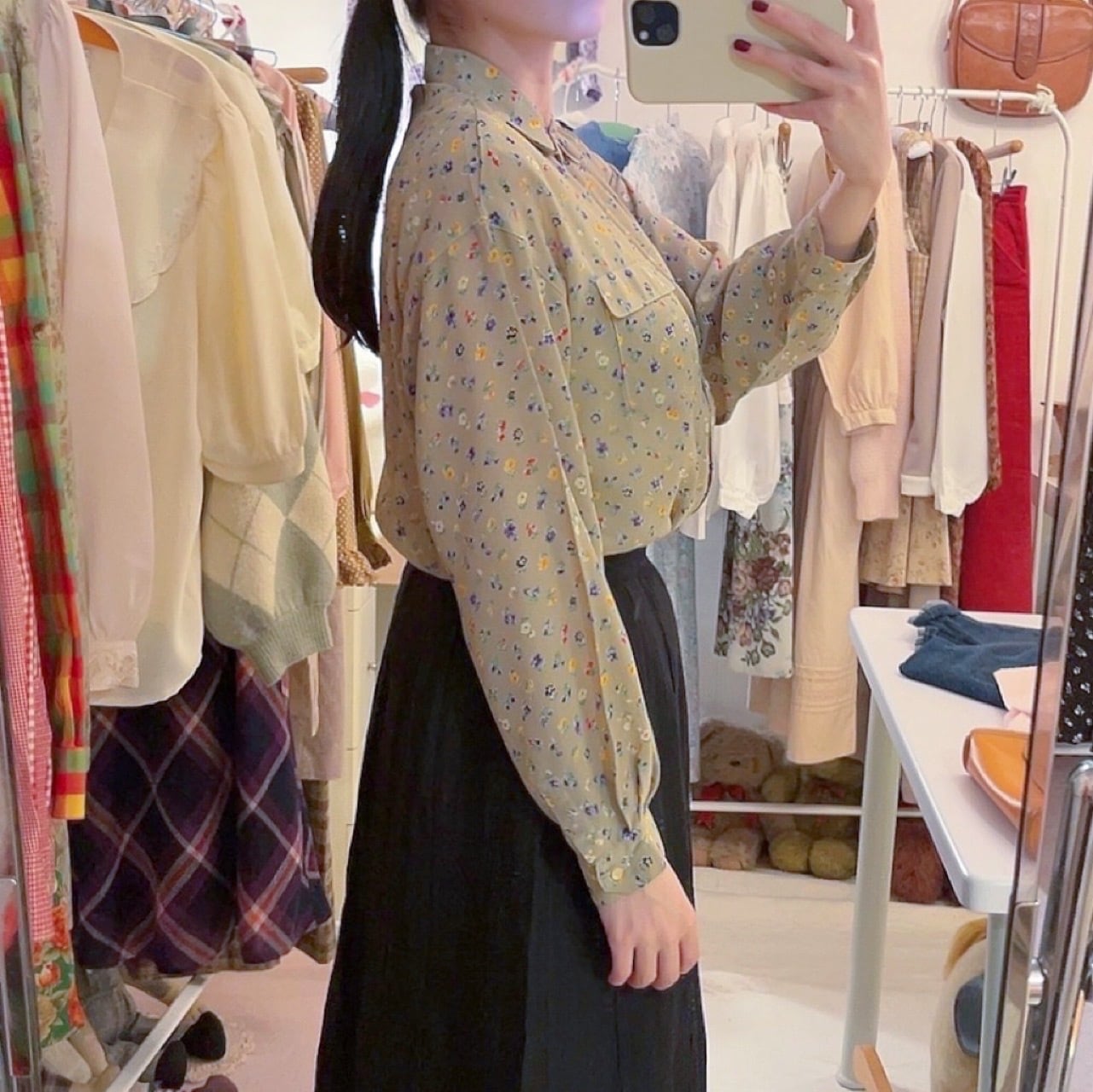 yellow purple mini flower sheer blouse