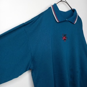 90s　ポロスウェット　ポロシャツ　トレーナー　フロント刺繍　花柄　エメラルド　青緑　L