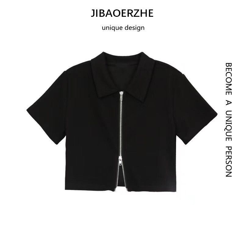 サマーショートTシャツ ブラックハイウェストセーター スタンダードカラートップス レトロ 夏物 ケッペル10803744645