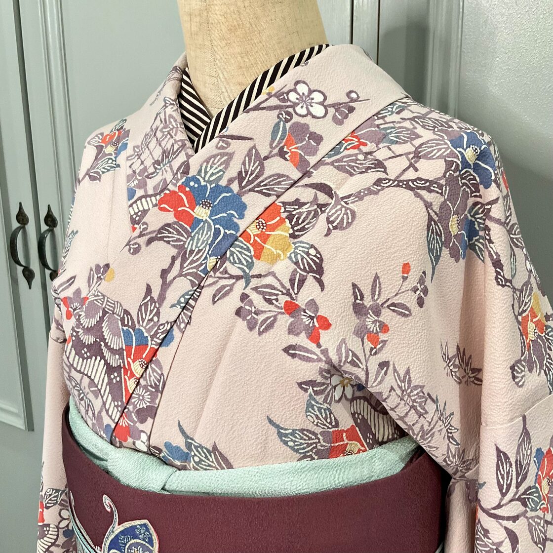 long＊花咲く小道＊未使用品 縮緬 紅型調 松竹梅 椿 茶屋辻 リサイクル 