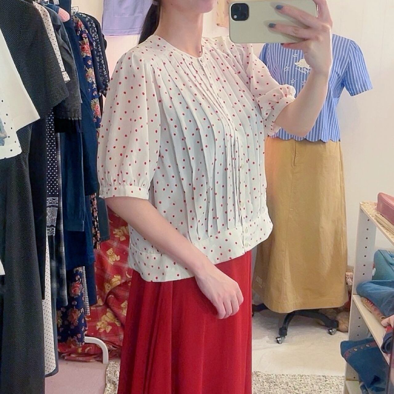 red dot pleats white blouse