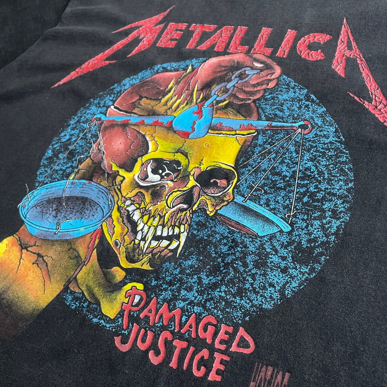 METALLICA メタリカ DAMAGED JUSTICE バンドTシャツ メンズL 古着 スカル リプリント シングルステッチ バックプリント  両面プリント 黒 ブラック【Tシャツ】 | cave 古着屋【公式】古着通販サイト