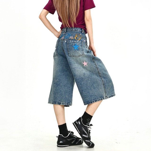 スターモチーフワイドラインクロップドデニムパンツ 1col   R02027