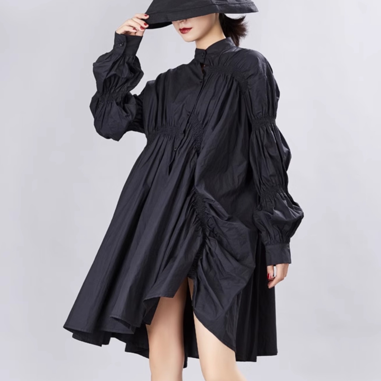 Oversized pleated stand-collar shirt dress(ME012)