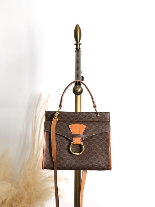 CELINE セリーヌ マカダム ショルダーバッグ ブラウン ガンチーニ PVC 2WAY vintage ヴィンテージ オールド kgm5ej