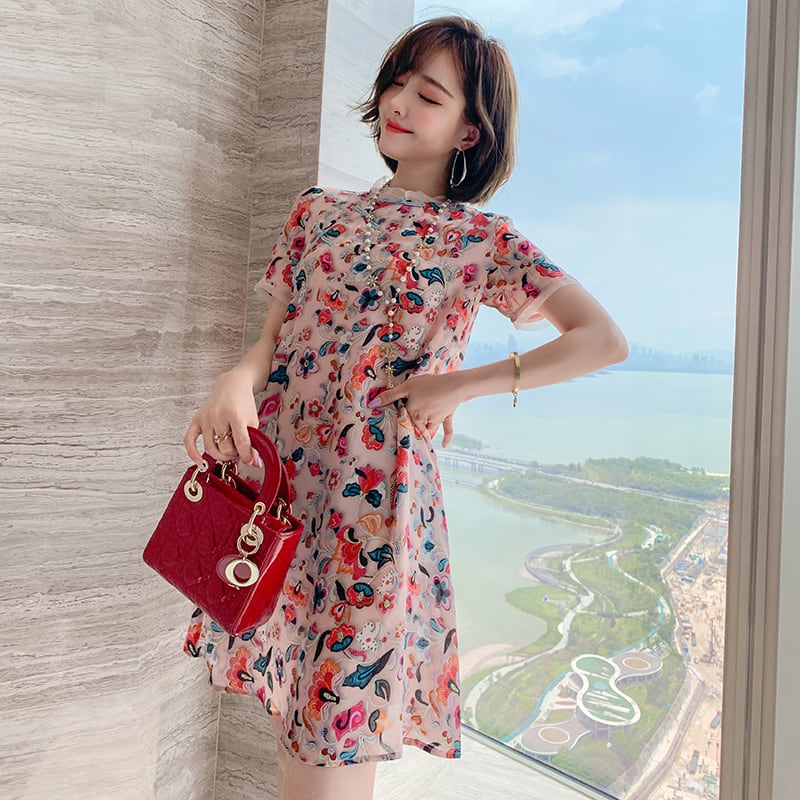 スタンドカラーカラーバックルスタンダードプリントメッシュドレス スプリングサマー レトロ 春物 夏物 シルク ステッチ MIUCO8497174079