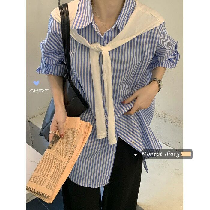 ストライプシャツ ジャケット スプリングトップス ロング 春物 モンロー9540937023