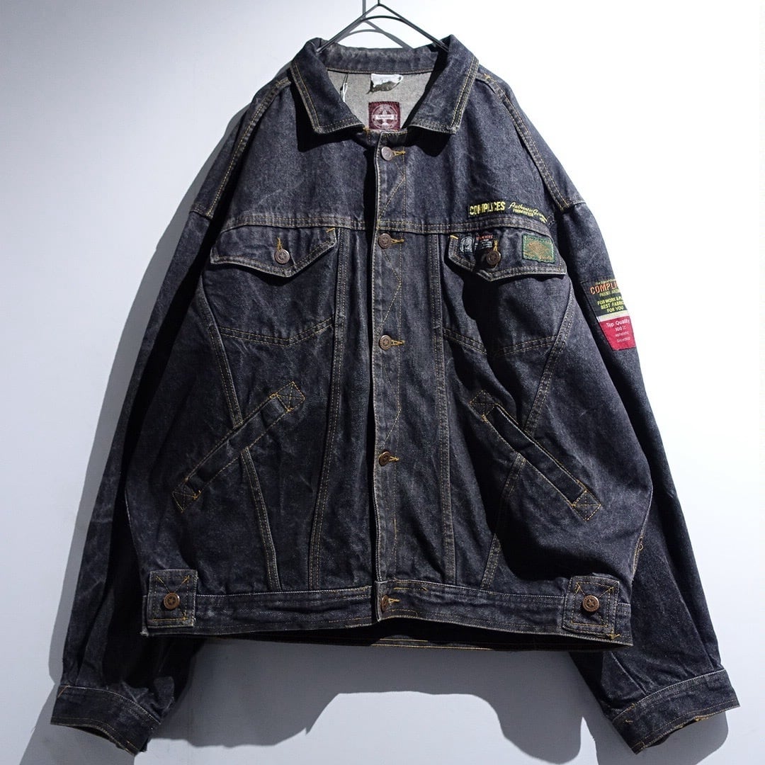 EURO Faded Black Denim Stitchwork Design Trucker Jacket