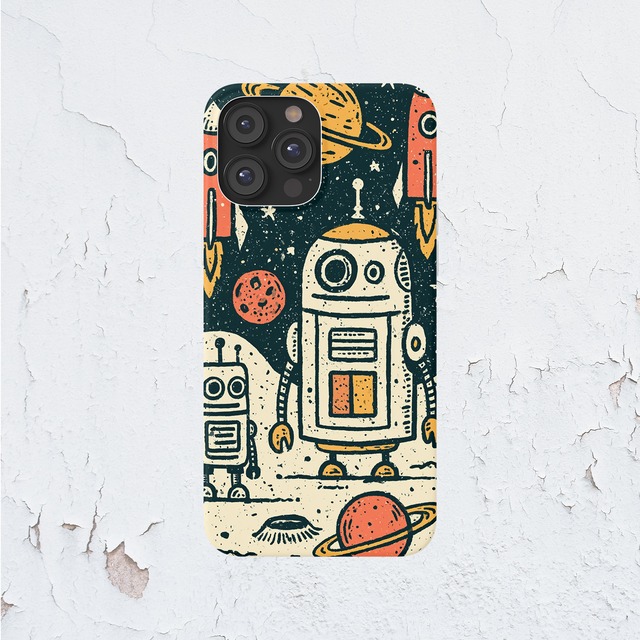 受注生産 iPhoneケース ロボットと惑星のレトロ宇宙柄｜レトロ宇宙 RFSP046B
