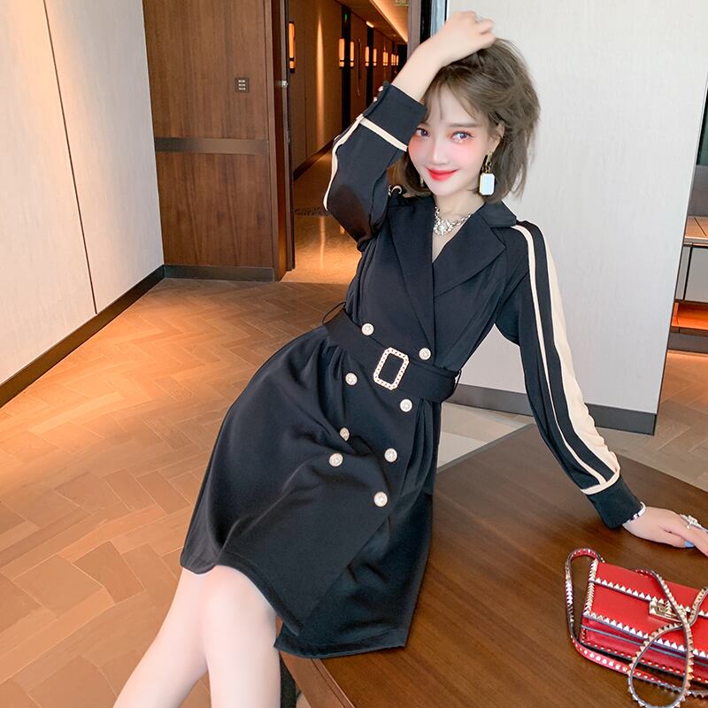 カラーダブルブレストウェスト薄手スカート ドレス オータム 秋物 MIUCO95786489379