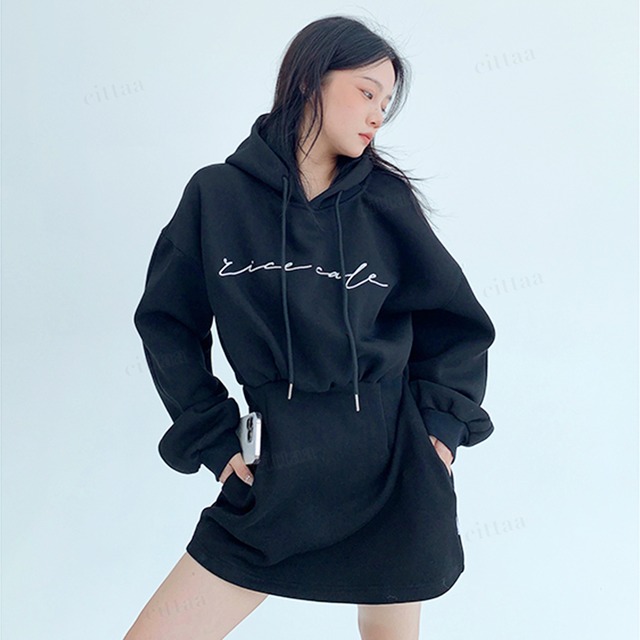 ★予約★D-464　2025秋新作♡ricecake刺繍ロゴスウェットフーディーワンピース　ブラック　(L/XL)