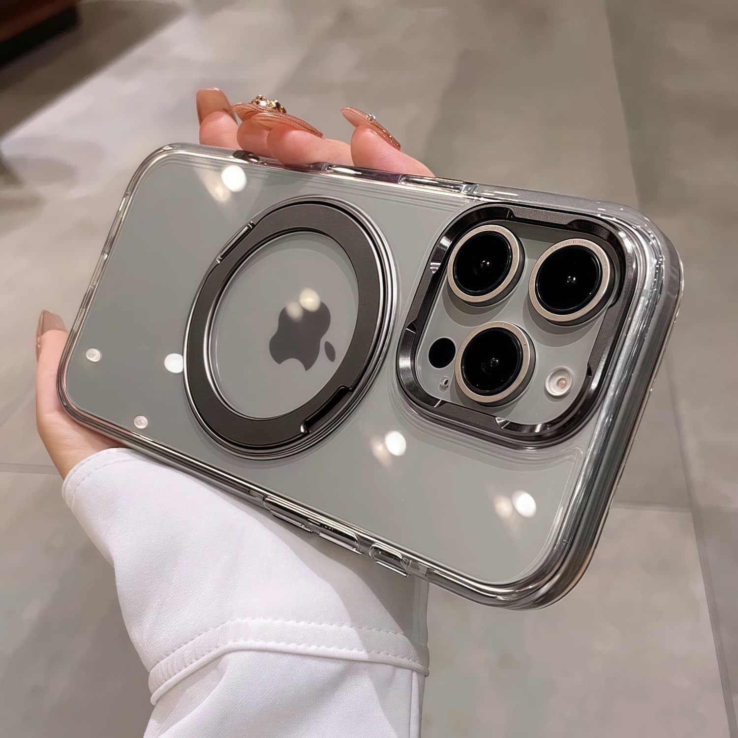iyite iPhone 16 Pro ケース 耐衝撃 MagSafe対応 黄変防止/透明 高耐久性【定点360度回転】【横縦両立・角度自由調整】ワイヤレス充電対応 いphone16pro 用ケース 6.3インチ(チタングレー)