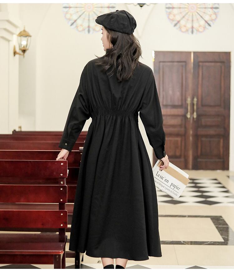 シャツワンピース 長袖 ウエストタック ロング丈 フレア ブラック