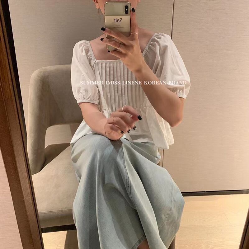 スリーブプリーツシャツ サマースタイルカラーソリッド 半袖トップス ショート ハーフスリーブ 夏物 ソリッドカラー スクウェア ビッグFスモールZ韓国10695205467