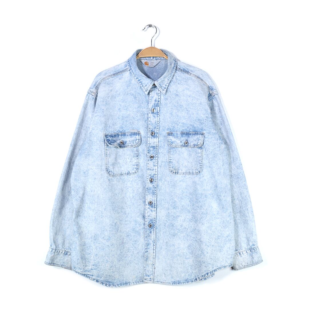 90s カーハート デニムシャツ ストーンウォッシュ 厚手 アイスブルー ケミカルウォッシュ オールド 雰囲気系 CARHARTT メンズL相当 古着 @CA1430