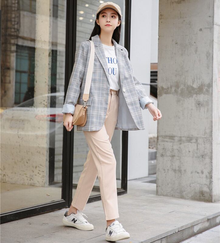 ブレザー スーツ ジャケット アウター レディースファション 春服 シンプル 定番 通勤 Ol オフィス チェック柄 S M ゆったり 韓国風 折り襟 長袖 Elegant