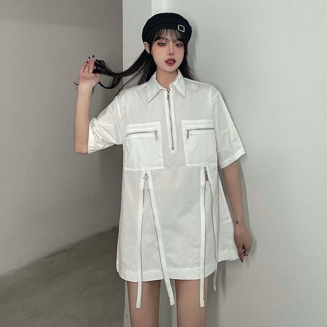 ワンピース シャツワンピース ミニ丈 半袖 無地 春 夏 秋 ファスナー かわいい シンプル カジュアル おしゃれ かっこいい こなれ感 ラフ メンズライク マニッシュ ボーイッシュ 個性的 モード系 主役級 存在感 襟付き ミニ 袖あり 5分袖 白 ホワイト モノトーン S M L