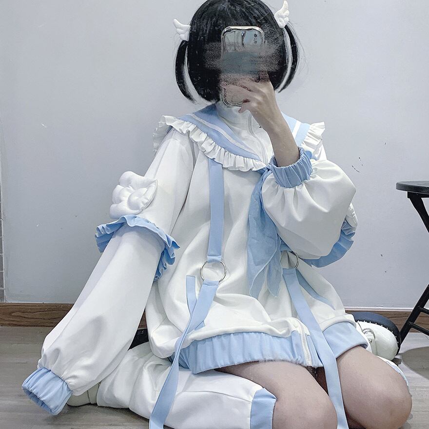 サブカル 服 地雷系 通販 系 ジャケット 長袖 アウター 羽織り 天使の羽 セーラー襟 レッグカバー 水色ロリータ 天使界隈 パステルカラー ベビードール