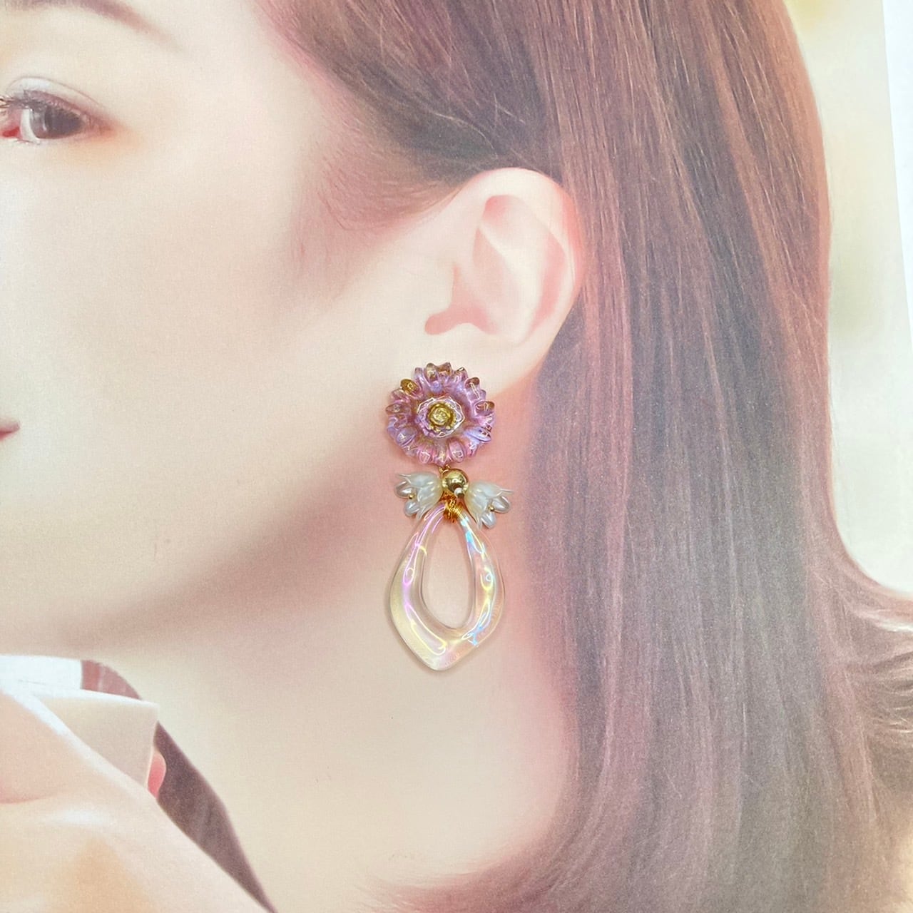 ピアス or イヤリング 】 フラワー パープル 花 冬 オーロラ 大ぶり