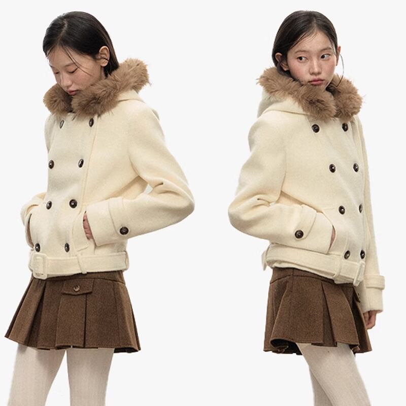 【outer】フードファー付きウールコート Q7362