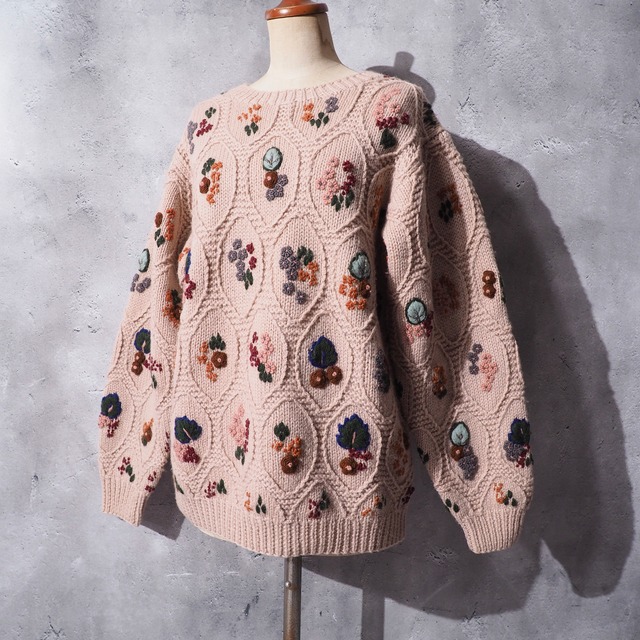 1990s Cherry-blossom color flower embbossed vintage wool Knit
