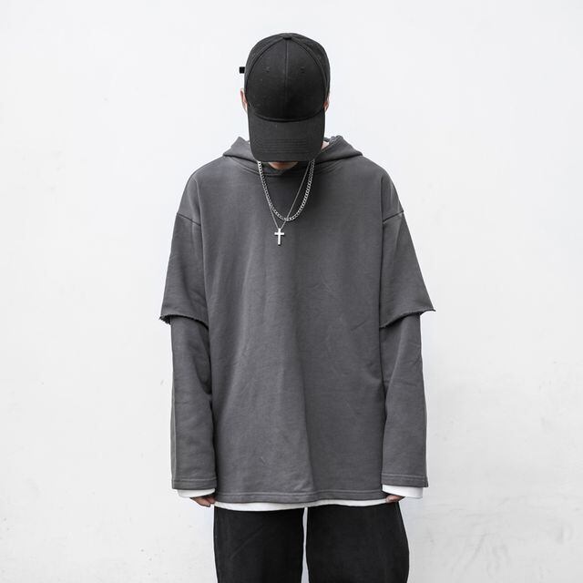 【予約販売】ロンT レイヤード 重ね着風 長袖 メンズ ユニセックス グレー ホワイト ブラック ホワイト ゆったり カジュアル こなれ感 お洒落 韓国 トレンド 春 M/L/XL