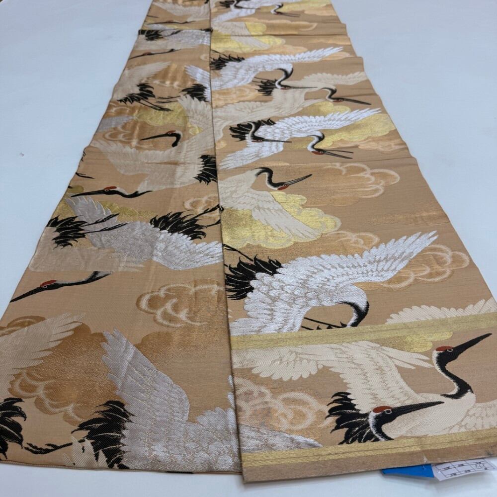 中古 丸帯 正絹 草花 全通柄 ベージュ Bランク 394cm 6259