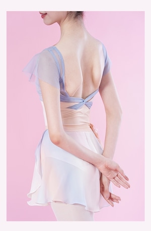 バッククロス チュールショルダー バレエレオタード(pink×blue)