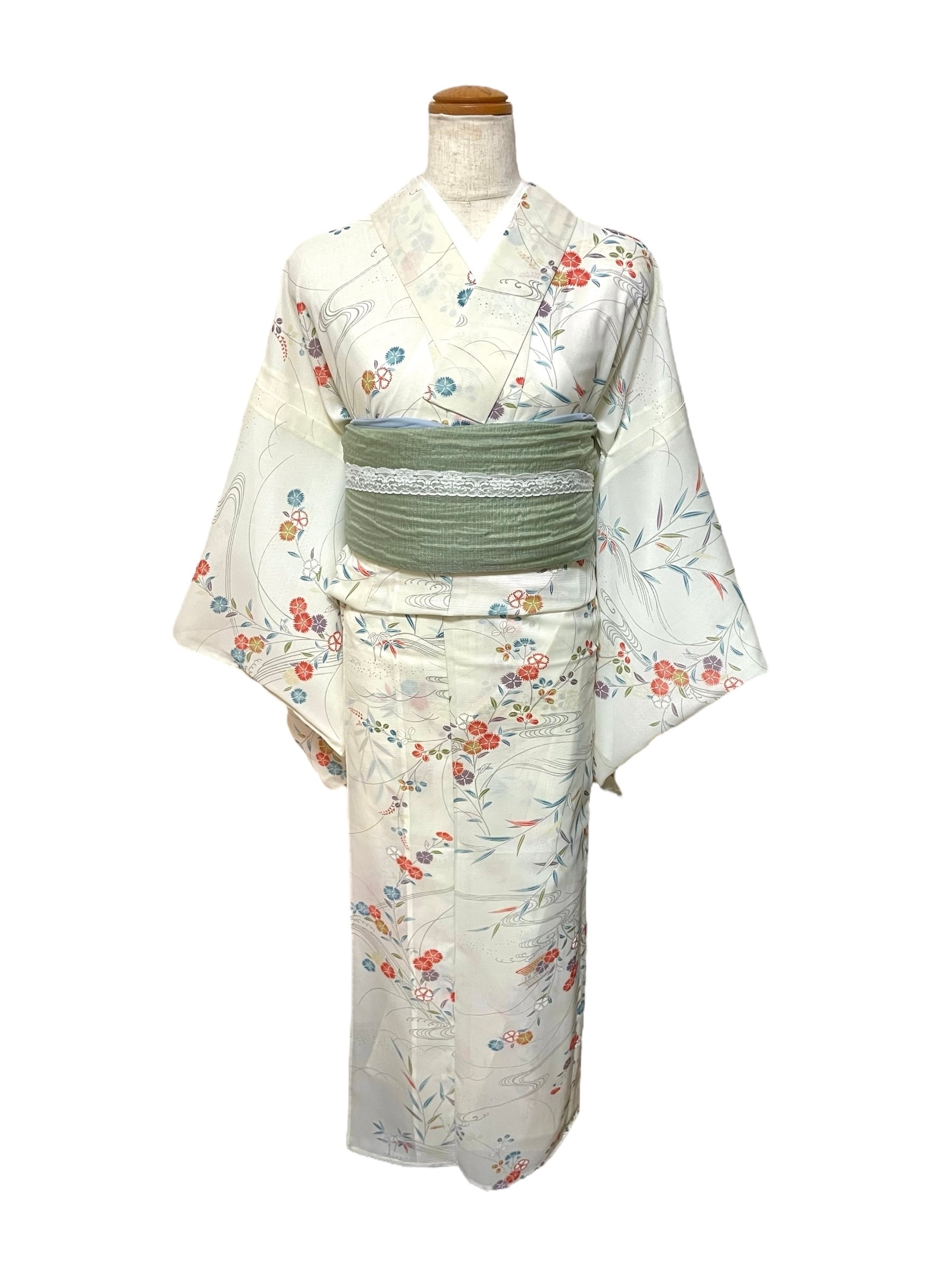 夏着物『絽』涼やか小花に縦筋模様小紋□淡いグリーン◇正絹◇HJ1-23》