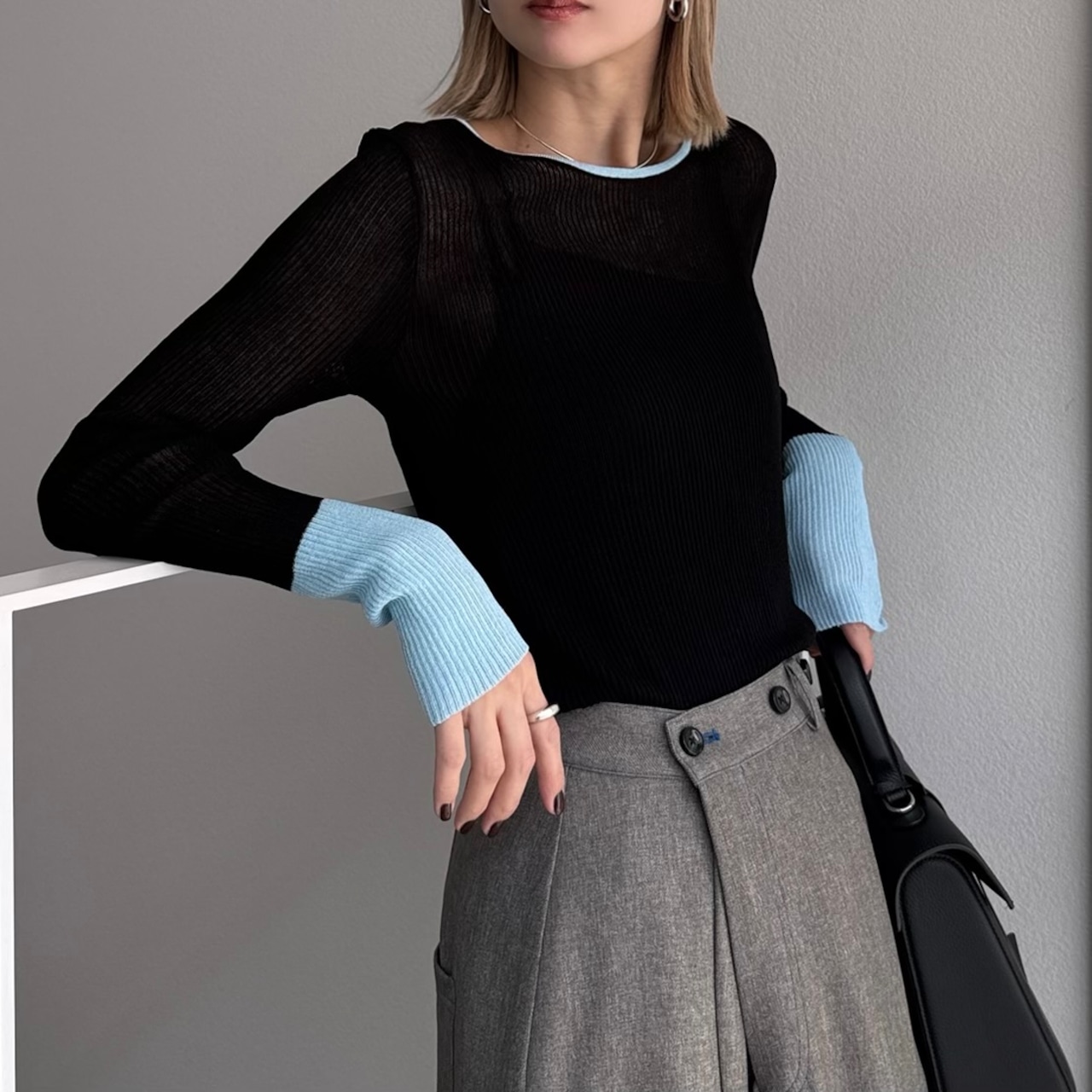 袖バイカラーシアーニットCS/ブラック