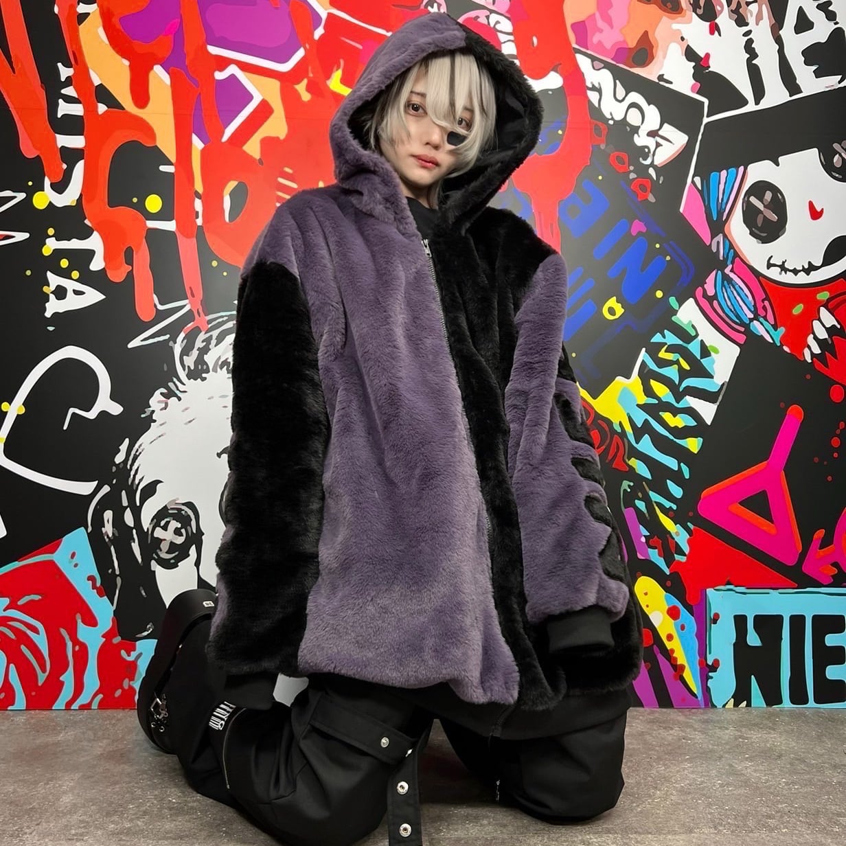 超ふわもこBACK LOGO TWO-TONE ZIP OUTER【BLACK×PURPLE】 | NIER CLOTHING 