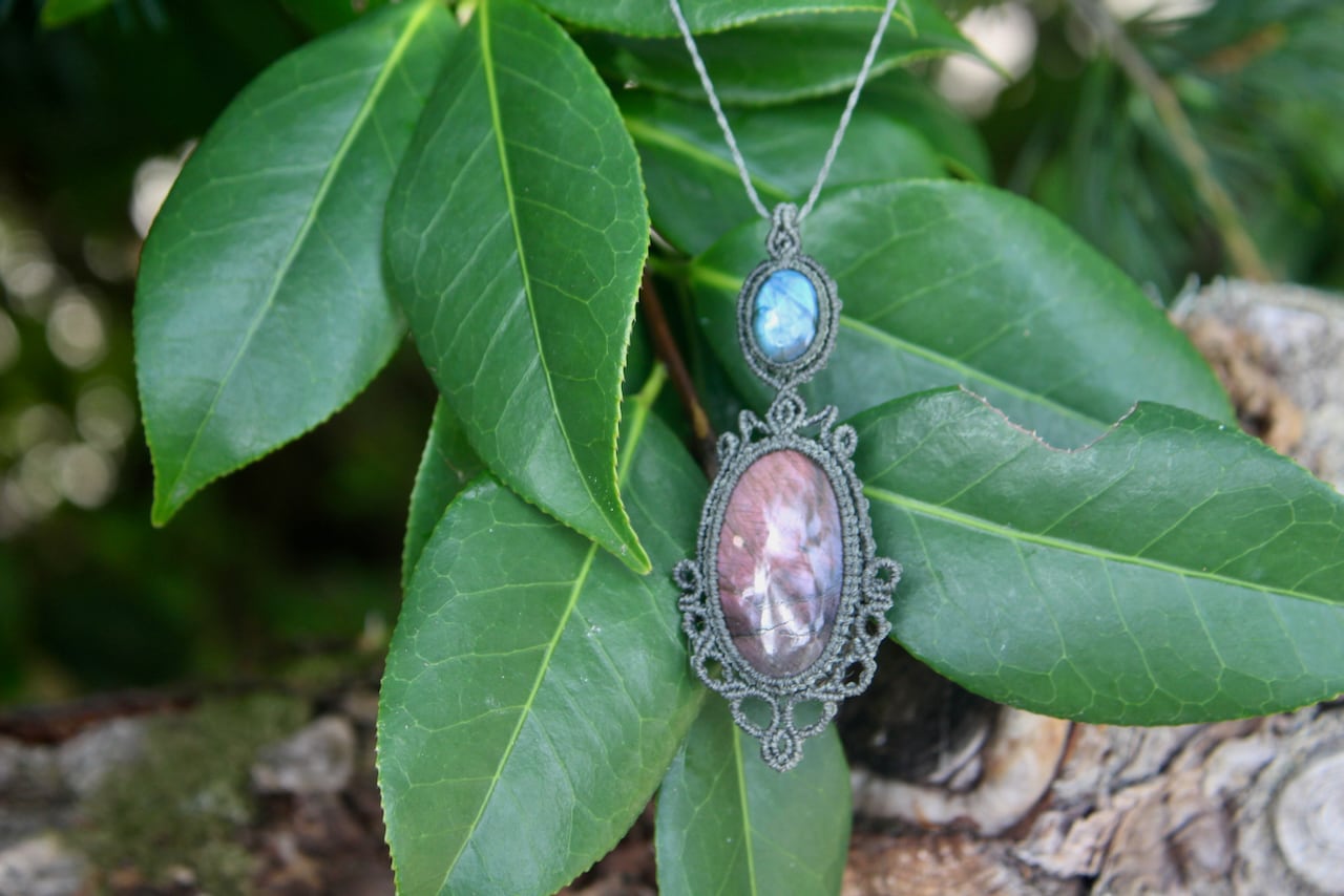 Purple Labradorite & Labradorite micro macrame pendant