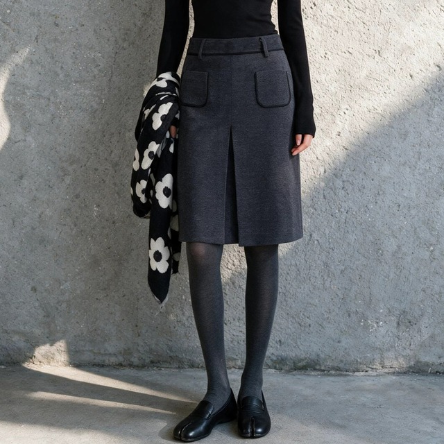 High waist elegant front slit middle wool skirt