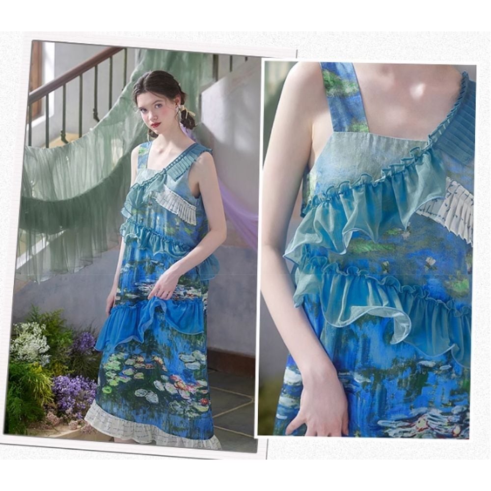 睡蓮油絵アートノースリーブワンピース E00343 | EMMA GRAND