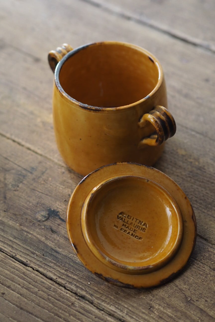お塩や砂糖壺に蓋付きポット-antique french pottery pot