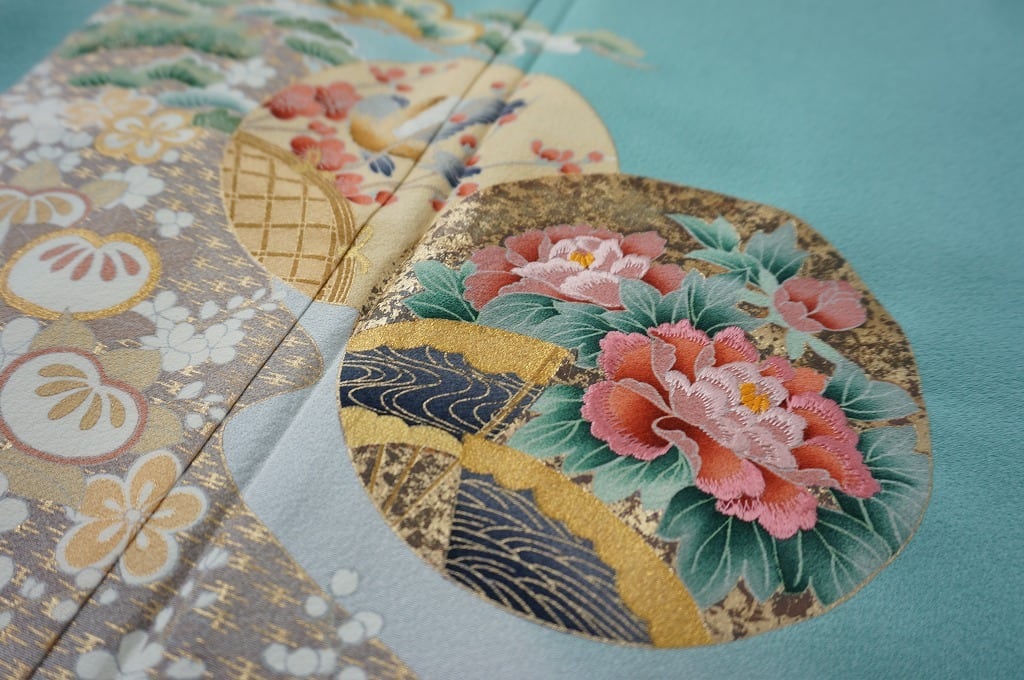 京友禅 本金箔 刺繍 金彩 色留袖 一つ紋 花柄 正絹 青磁色 青緑 564