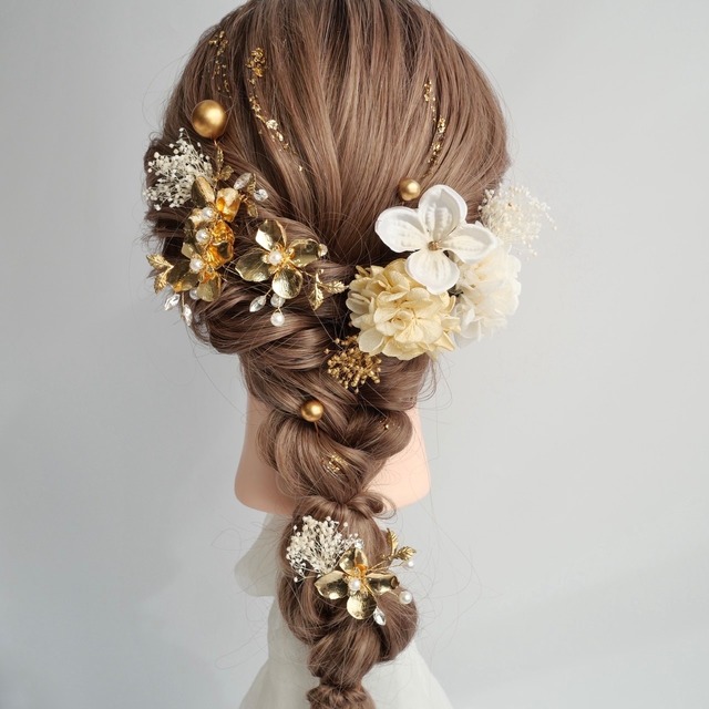 A500 ドライフラワー　髪飾り　白　ゴールド　パール　卒業式　袴　成人式　振袖　結婚式　和装