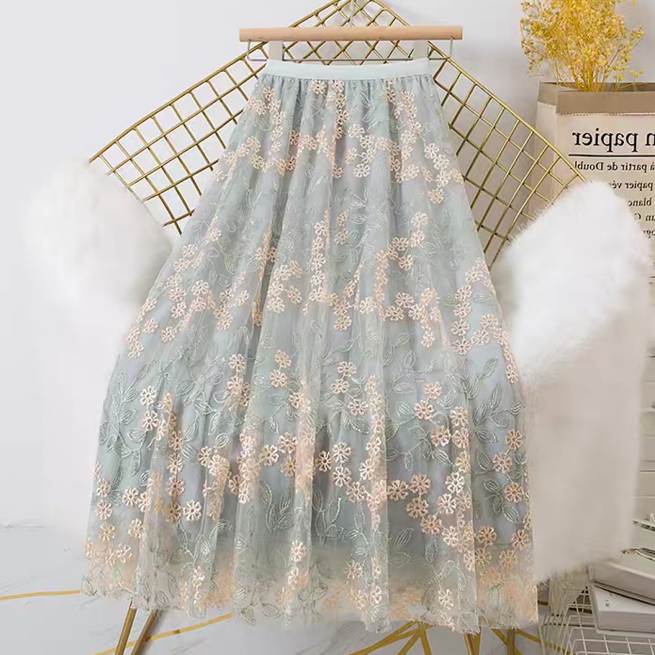 【ワンサイズ】フラワーメッシュスカート